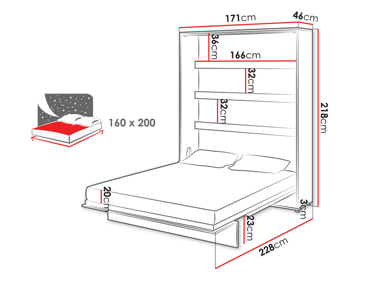SCHRANKBETT Bed-Concept BC-12 160x200 mit zwei LED-Lampe - Weiß/Grau, Holz/Holzwerkstoff (160/200cm) - MIRJAN24