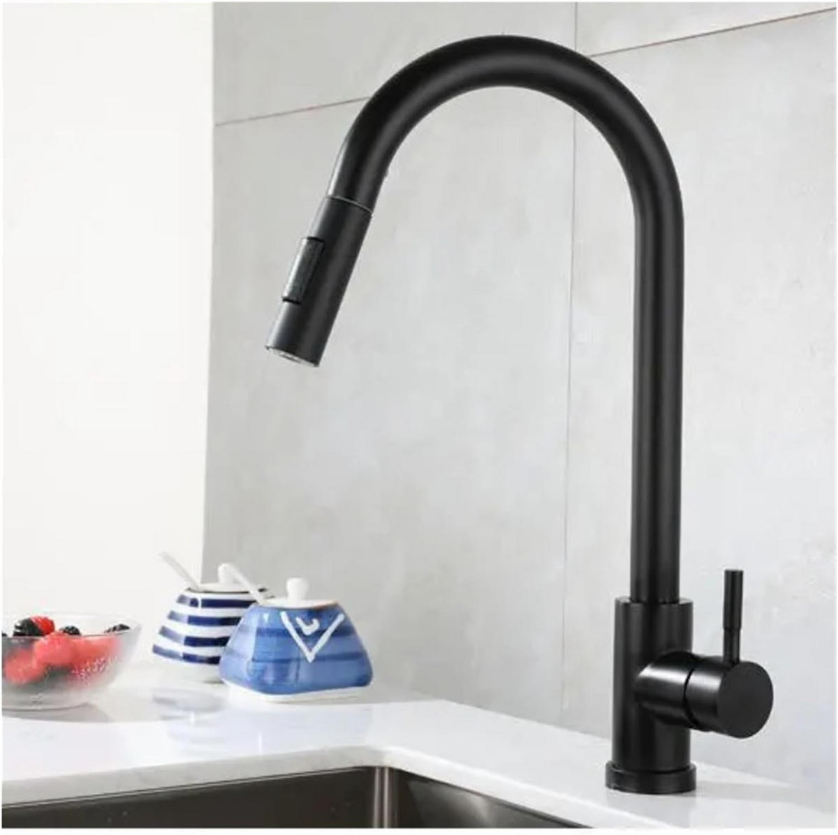 BADEZIMMERARMATUR mit 70 cm langem flexiblem Schlauch, 400 x 240 mm, schwarz. - Schwarz, Metall (42/7/24cm) - Vallsero