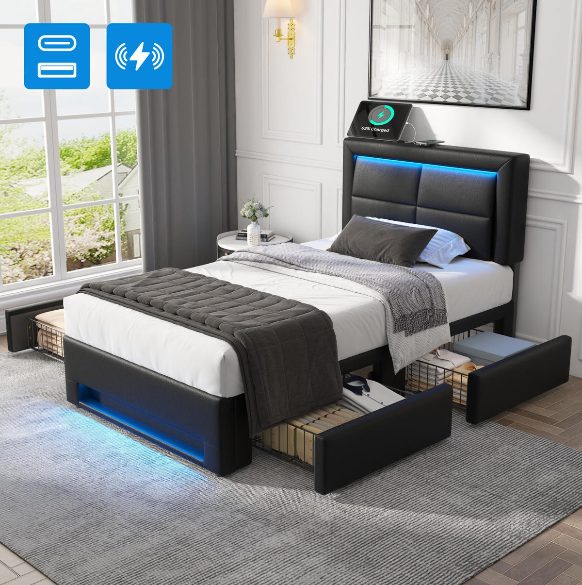 POLSTERBETT mit USB, LED und 4 Schubladen 90x200 cm PU Schwarz - Schwarz, Metall (90/200cm) - Meubliv