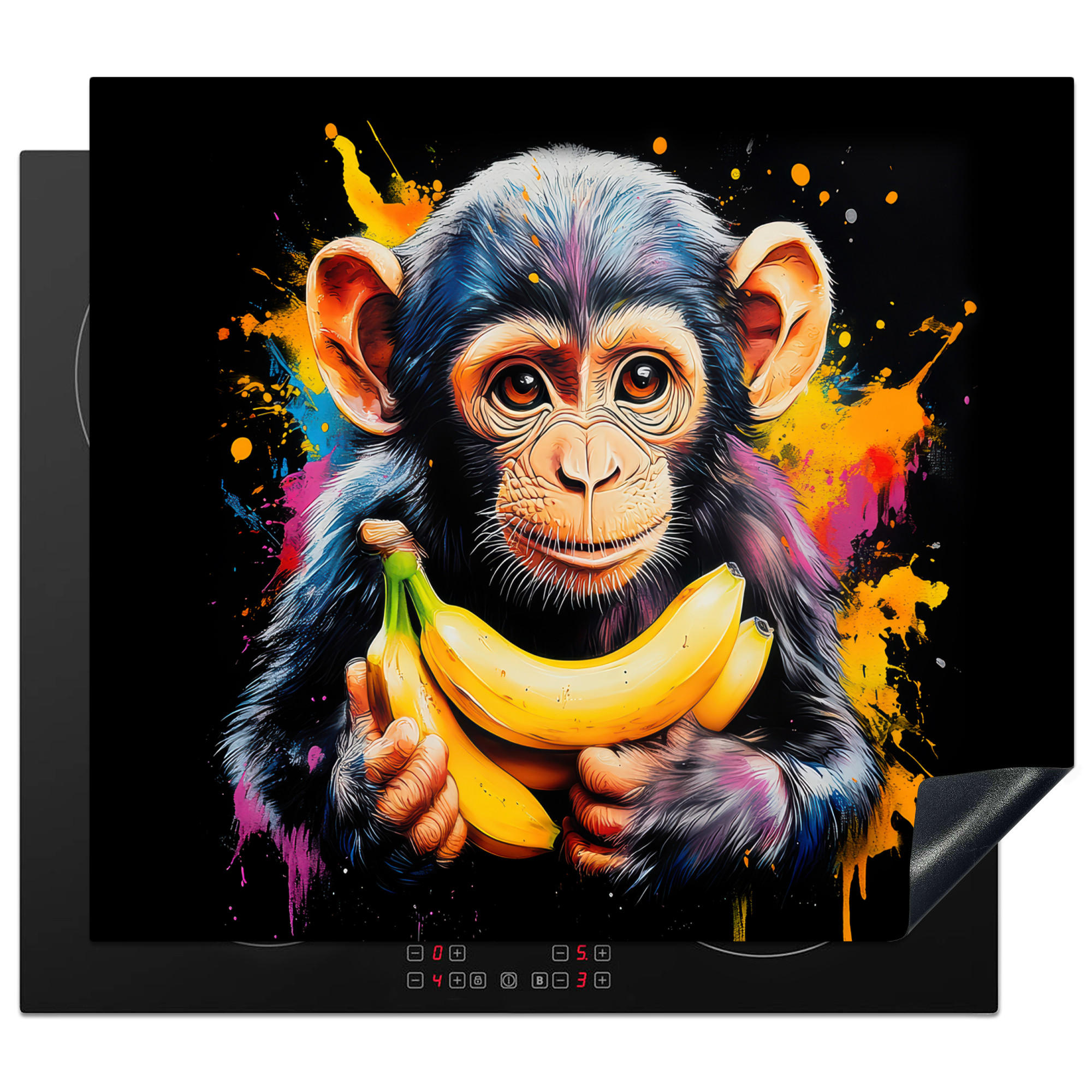 HERDABDECKPLATTE Affe - Graffiti - Farbenfroh - Bananen - Modern 57x51 cm - Gelb, Kunststoff (57.6/0.2/51.6cm) - MuchoWow