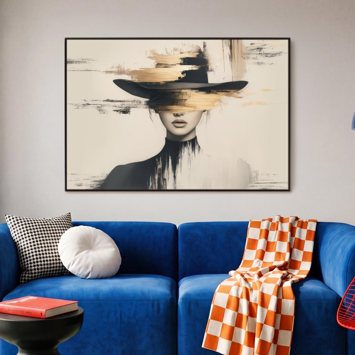 LEINWAND Bilder mit Rahmen - Frau - Hut - Farbe - 90x60 - Goldfarben, Textil (90/60cm) - MuchoWow