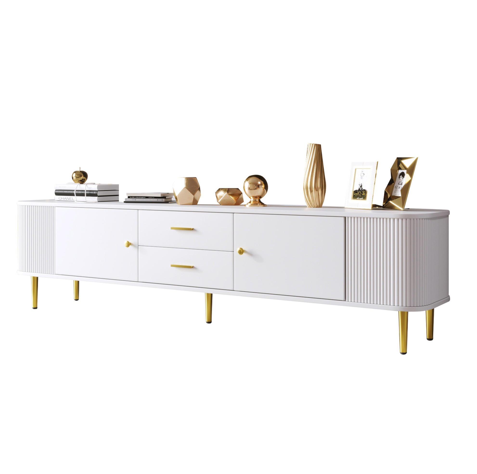 TV-SCHRANK aus MDF 170x34x45 cm Weiß mit 2 Schubladen, 2 Türen und abgerundeten Kanten - Weiß, Holzwerkstoff (170/45/34cm) - Modfu