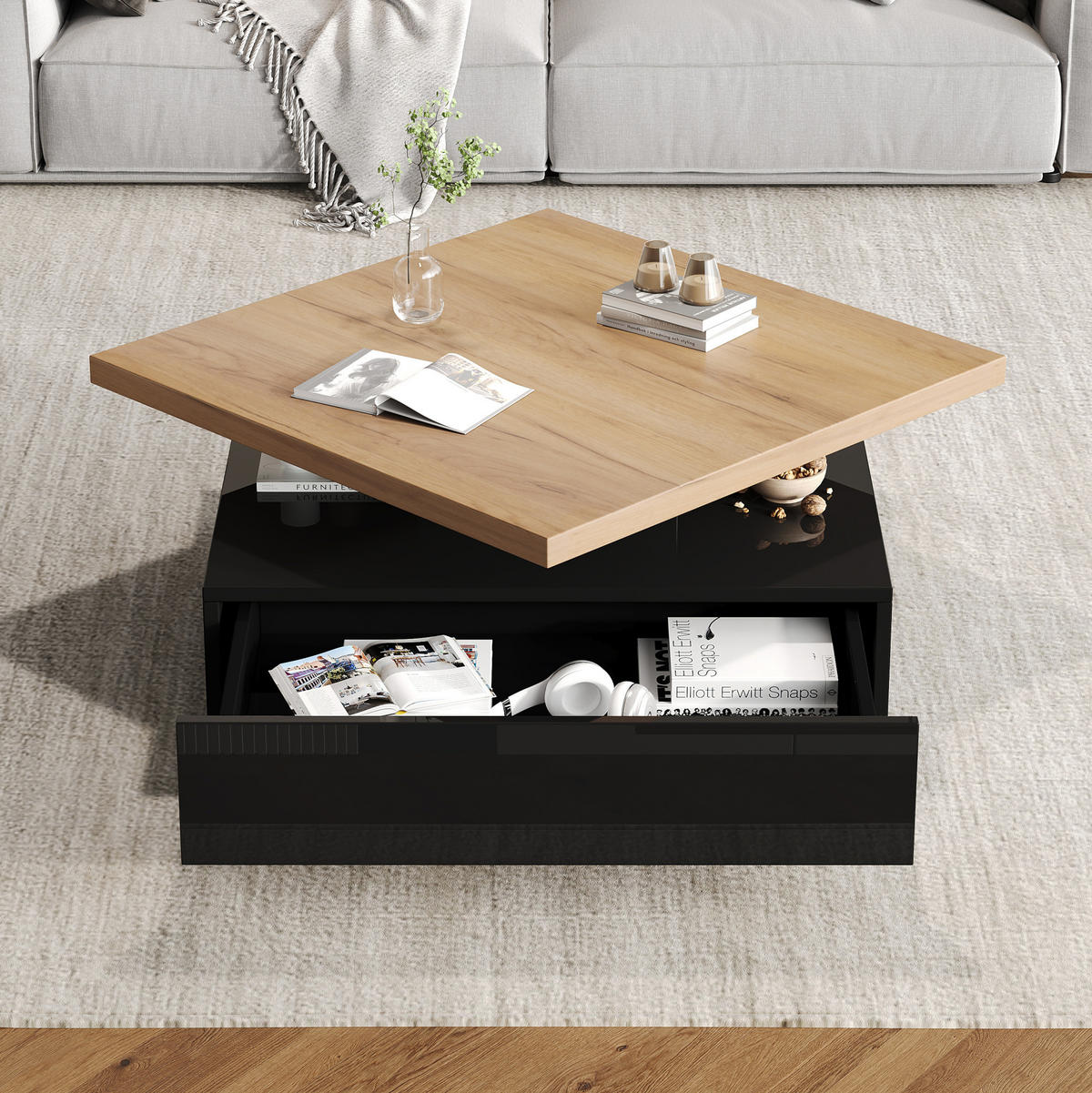 COUCHTISCH 70/70/36 cm mit 360° drehbarer Tischplatte, versteckter Schublade und Hochglanz-Elementen, Walnuss/Schwarz - Schwarz, Holzwerkstoff (70/70/36cm) - Modfu