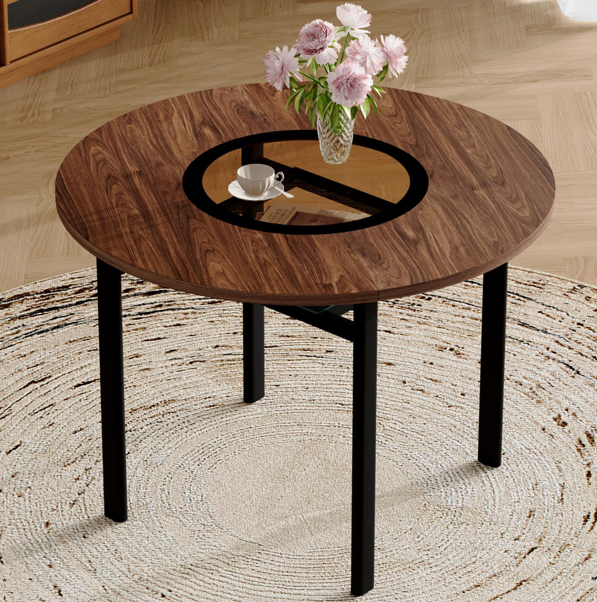 JÍDELNÍ stůl 100 cm s vloženou skleněnou deskou a spodní policí, Hnědá/Černá - hnědá, kompozitní dřevo (100/100/76cm) - Redom