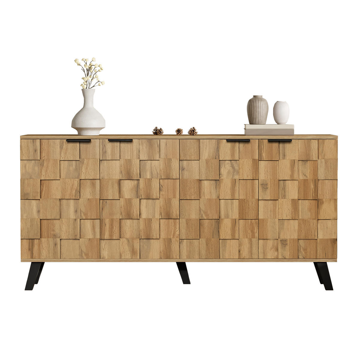 SIDEBOARD mit 4 Türen, Holzoptik mit geometrischem Muster und schwarzen Beinen, 160,5/35,5/78 cm, Naturfarben - Naturfarben, Holzwerkstoff (160/78/35.5cm) - Redom