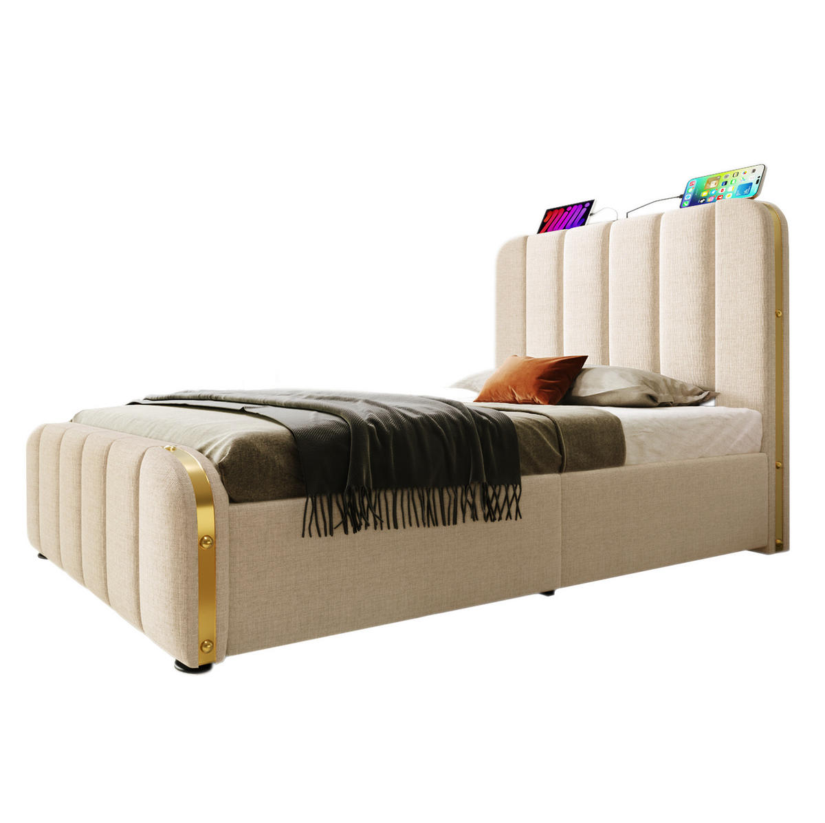 POLSTERBETT 90/200 cm Beige mit Stauraum und USB- und Type-C-Anschlüssen - Beige, Textil (90/200cm) - Flora Grace