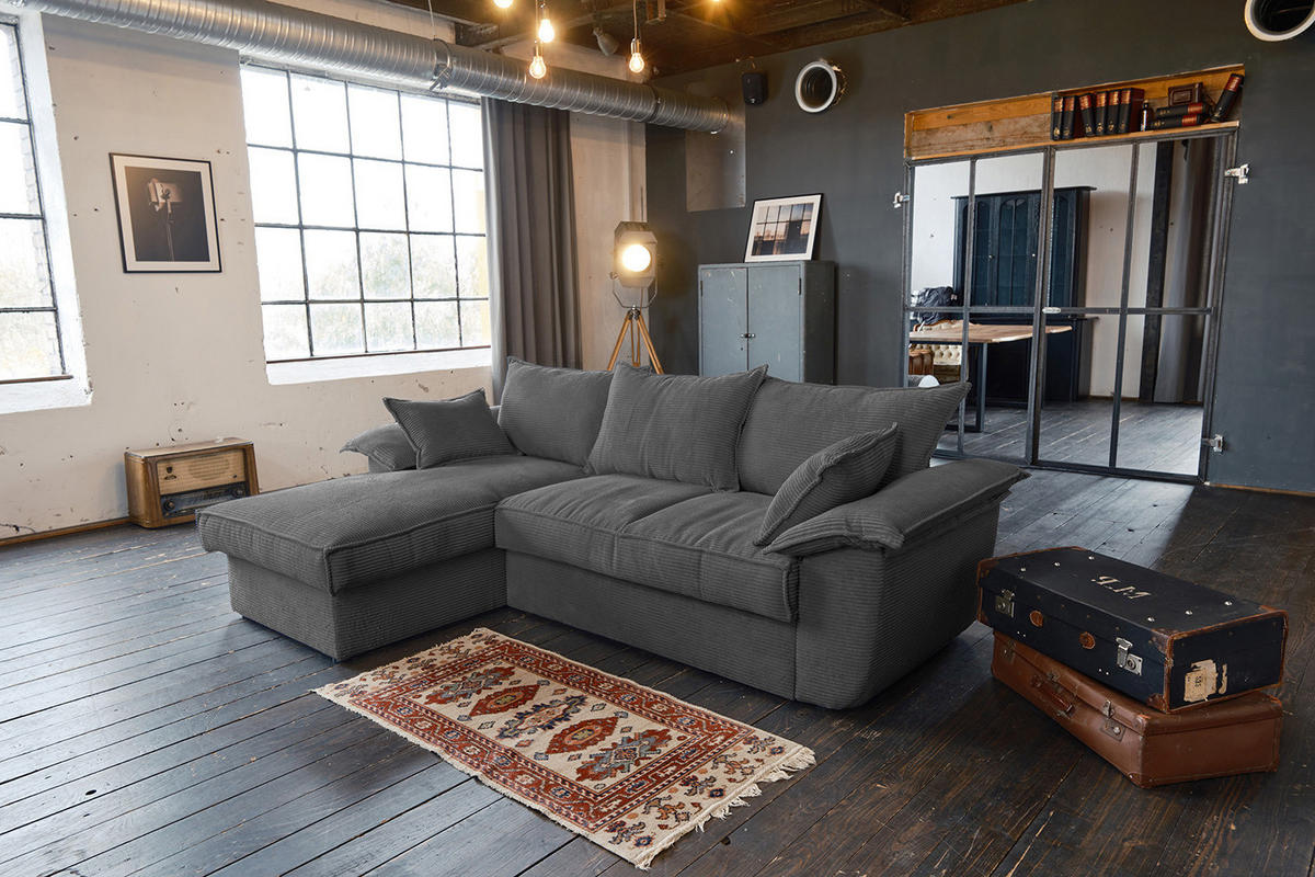 ECKSOFA DAMETO Grau Cord - Schwarz/Grau, Kunststoff/Textil (266/174cm) - KAWOLA