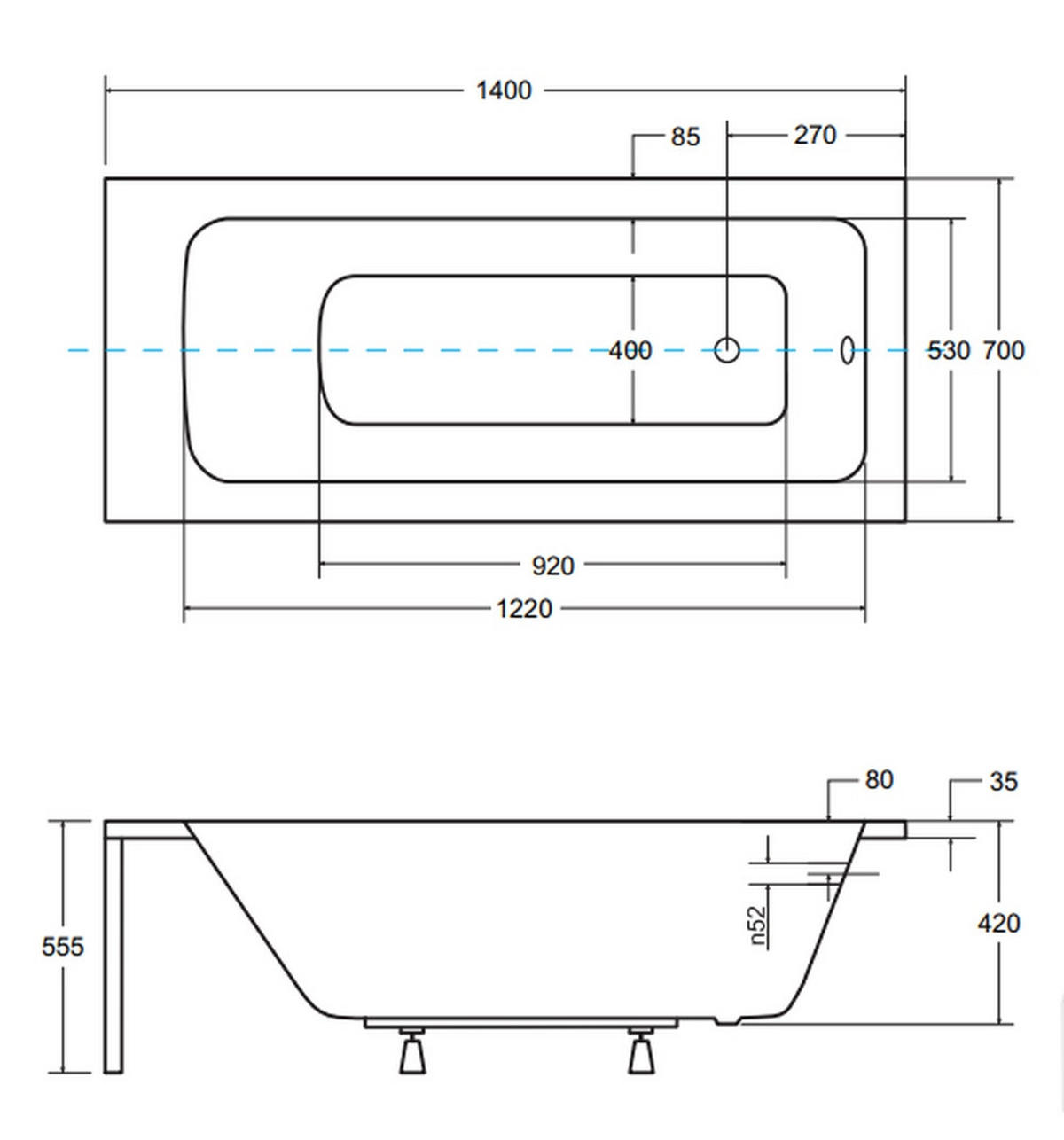 BADEWANNE Rechteck TALIA 140/70 + Träger + Ablage + Kopfstütze Ablauf Füße - Weiß, Kunststoff (70/55.5/140cm) - bad land