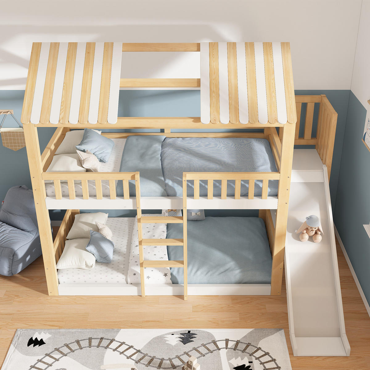 ETAGENBETT 90/200 cm & 90/200 cm in Weiß & Natur Kinderbett mit Regal und Rutsche im Hausbett-Design - Weiß/Naturfarben, Holzwerkstoff (90/200cm) - STILVORA