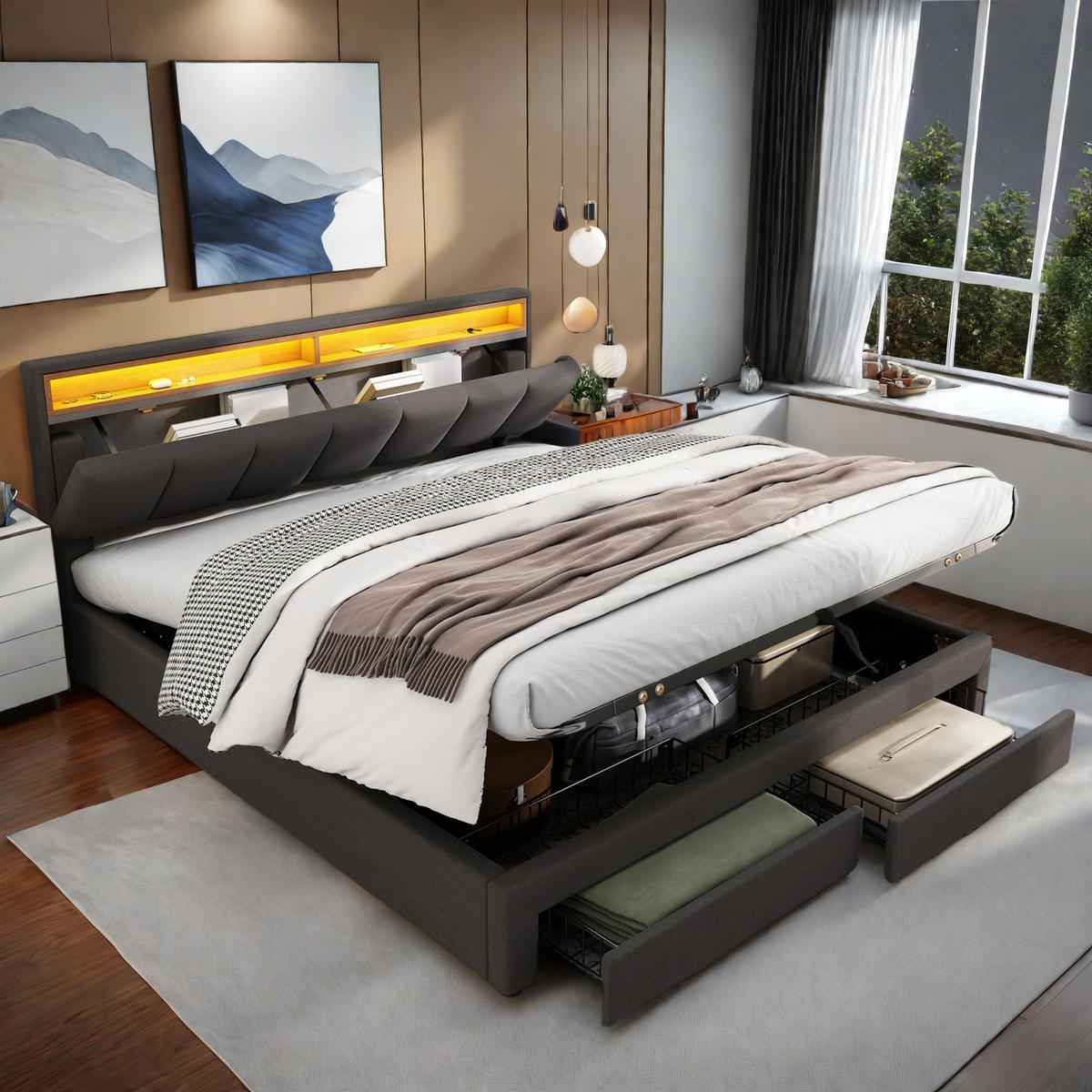 POLSTERBETT Grau 180x200 cm LED - Grau, Metall - SHOPENTRA