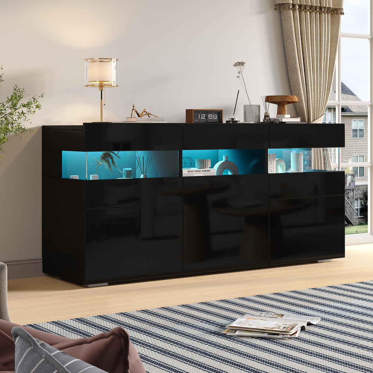 SIDEBOARD DE-37801 mit LED-Beleuchtung und 3 Türen Schwarz - Schwarz, Holzwerkstoff (140/66.5/40.5cm) - ComfortXL