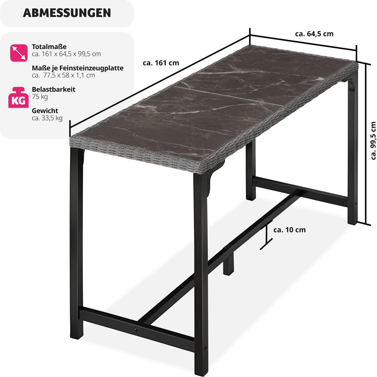GARTENTISCH Lovas,161 x 64,5 x 99,5 cm,grau - Grau, Kunststoff (161/64.5/99.5cm) - tectake