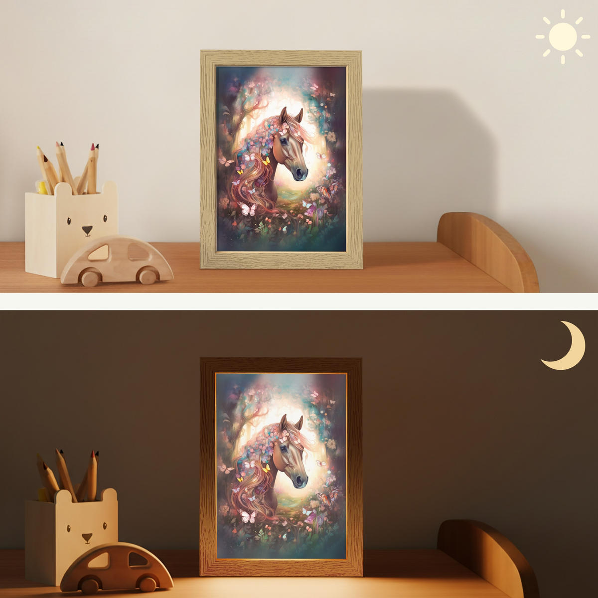 NACHTTISCHLAMPE Pferd - Natur - Blumen - Schmetterlinge - Wald 15x20 cm - Dunkelbraun, Holzwerkstoff (8/15/20cm)