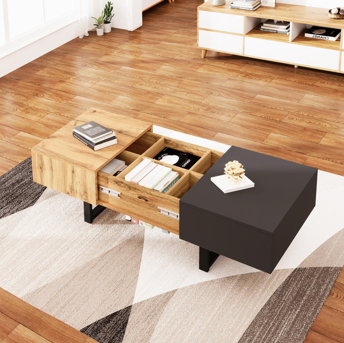 COUCHTISCH 100/155 x 40 x 55 cm mit Stauraum in Natur/Anthrazit - Naturfarben, Holzwerkstoff (100/40/55cm) - Flora Grace