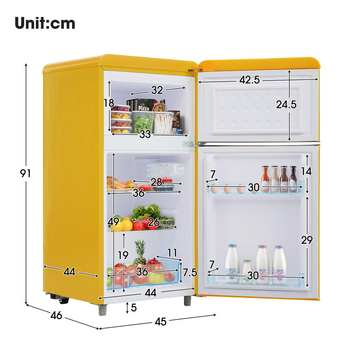 KUHLSCHRANK 46/45/91 cm Gelb 72L mit LED-Licht - Gelb, Metall (45/91/46cm) - Oxeza