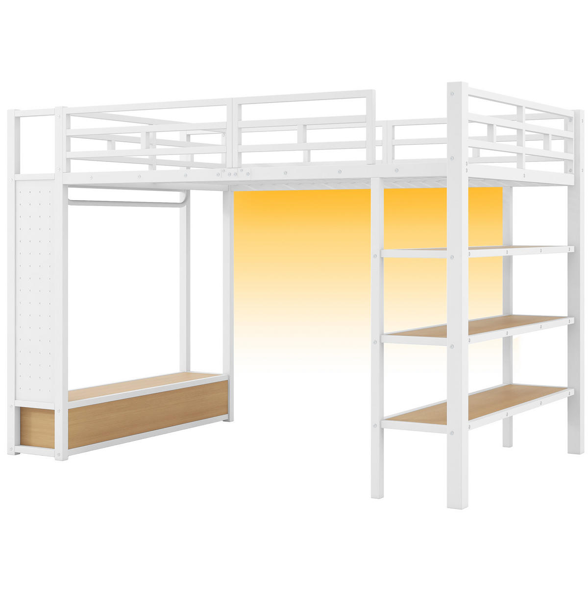 HOCHBETT 140/200 cm mit offenem Kleiderschrank, Regalfächern, Lochwand und LED-Beleuchtung, Weiß - Weiß, Holzwerkstoff (140/200cm) - Redom