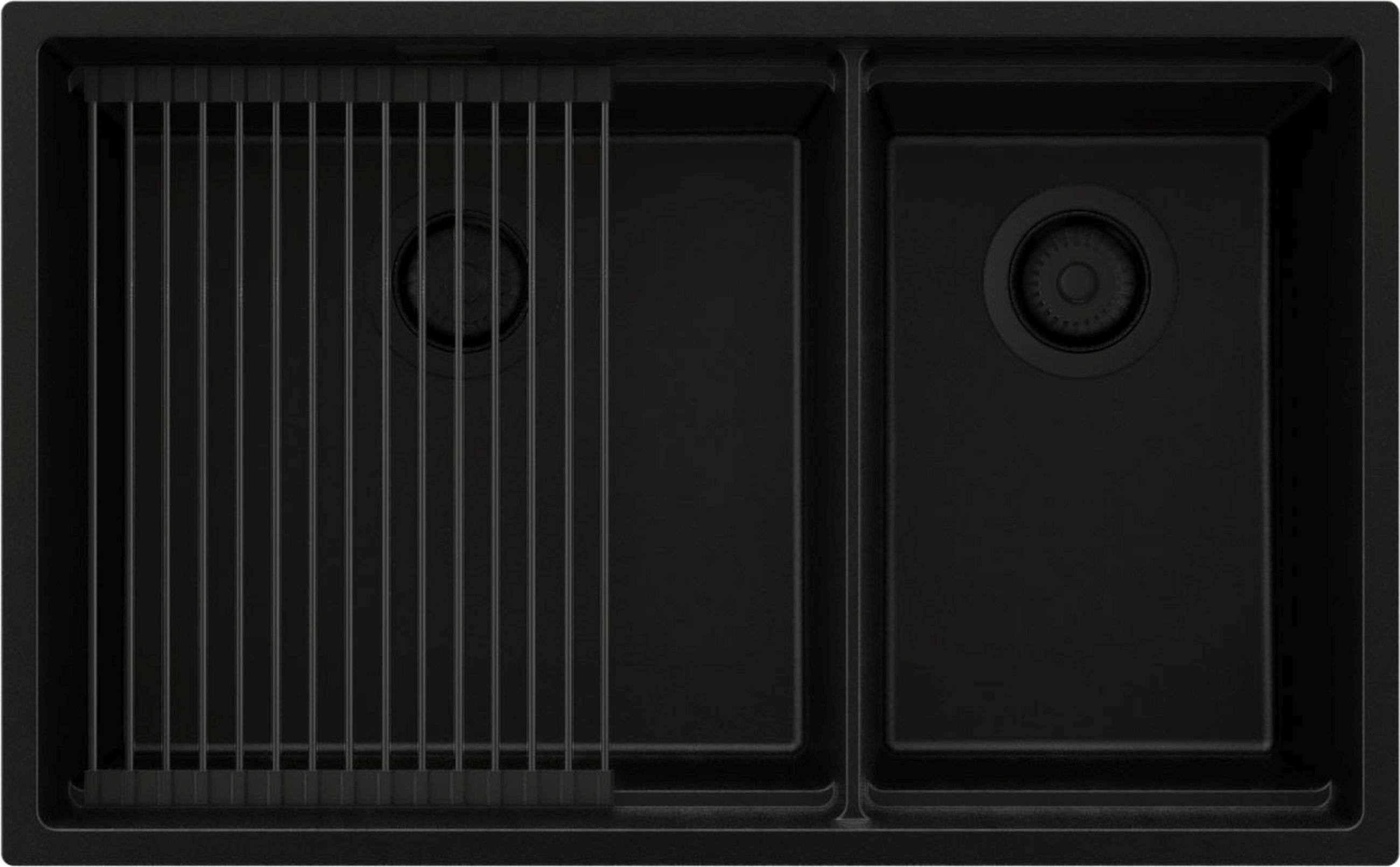 SPÜLBECKEN Praga Slim Duo, 2-er set Alles Schwarz 76/47 cm 2 Becken + Ablauf-Set + Aufrollbare Abtropffläche ab 80er Unterschrank - Schwarz, Kunststoff (76/20/47cm) - Primagran