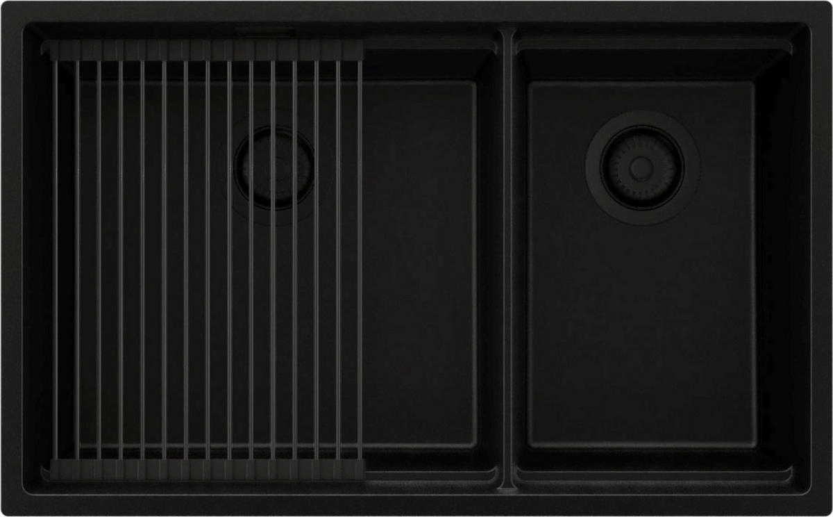 SPÜLBECKEN Praga Slim Duo, 2-er set Alles Schwarz 76/47 cm 2 Becken + Ablauf-Set + Aufrollbare Abtropffläche ab 80er Unterschrank - Schwarz, Kunststoff (76/20/47cm) - Primagran