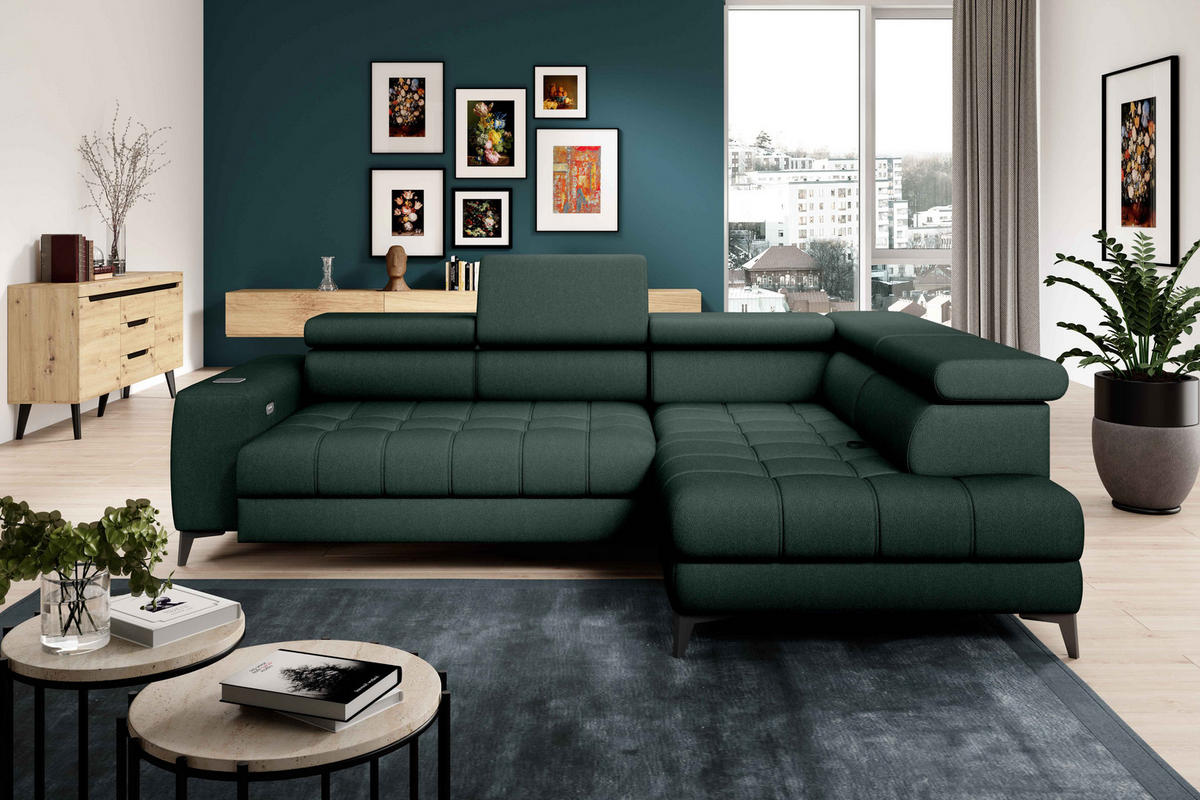ECKSOFA BAGGIO Letto Stoff, Schlaffunktion, Bettkasten, Sitztiefe, Kopfstützen 280x196cm – Rechts – Dunkelgrün - Dunkelgrün, Holz/Textil (280/196cm) - DomoHome