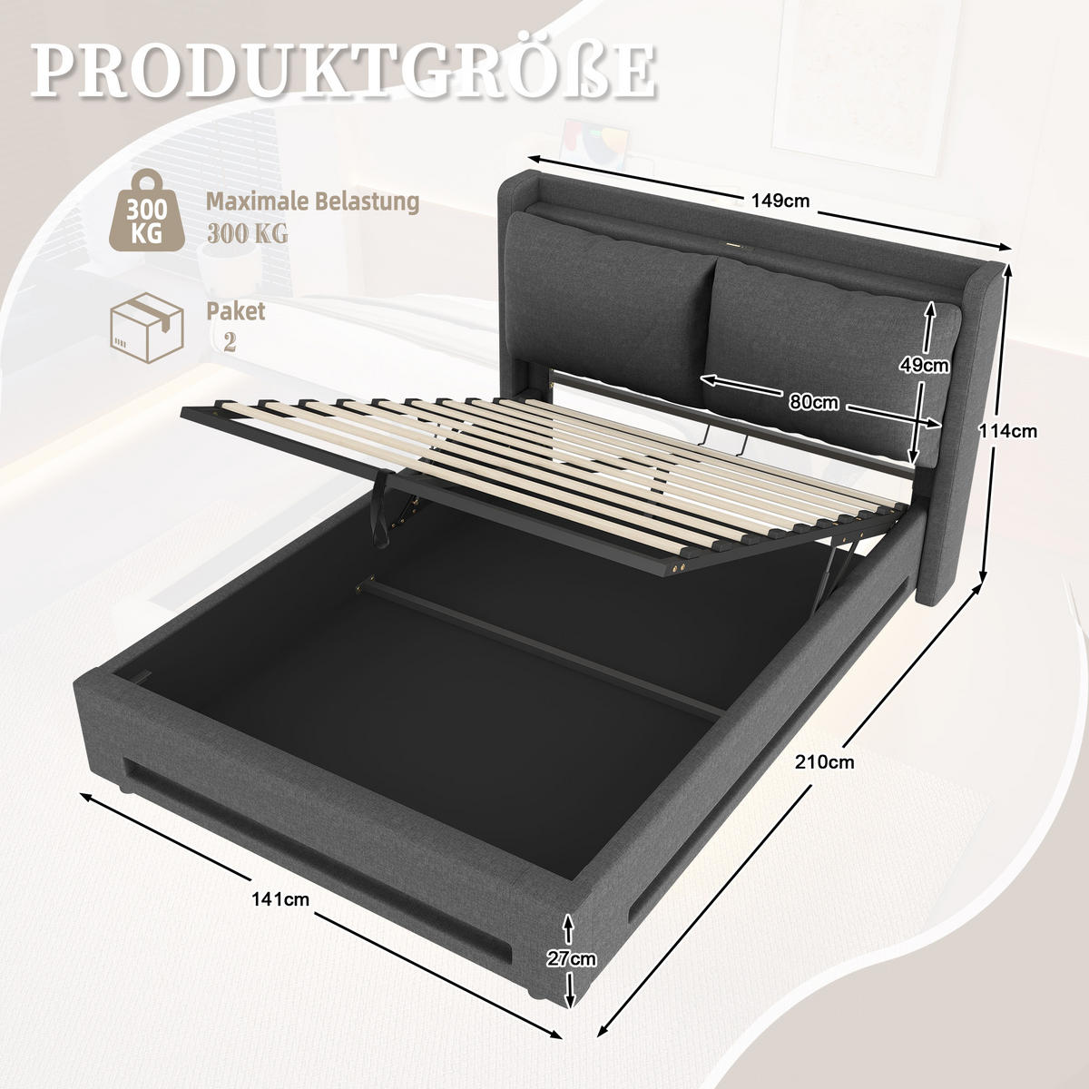 POLSTERBETT 140x200 cm LED USB Stauraum - Dunkelgrau, Textil (140/200cm) - LEBENLANG