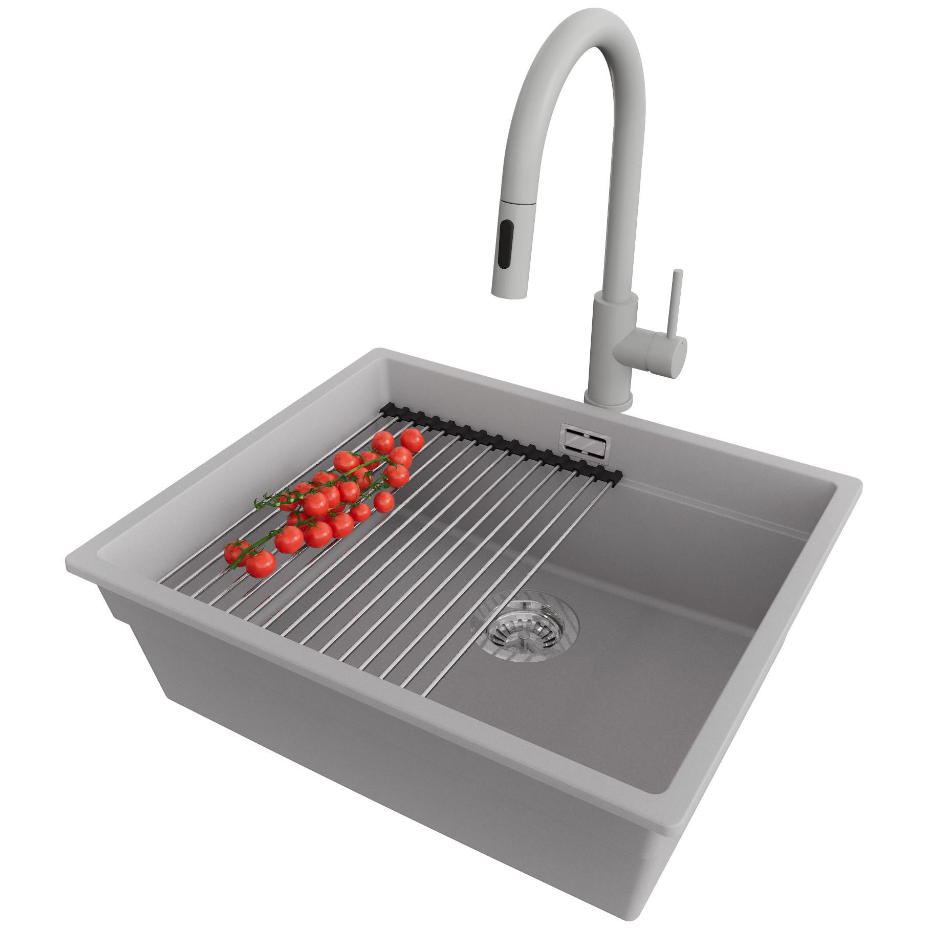 UNTERBAUSPÜLE GRANIT Praga, 2-er set Grau 56/47 cm 1 Becken + Küchenarmatur 40/20 cm + Ablauf-Set + Aufrollbare Abtropffläche ab 60er Unterschrank - Chromfarben/Grau, Kunststoff (56/20/47cm) - Primagran