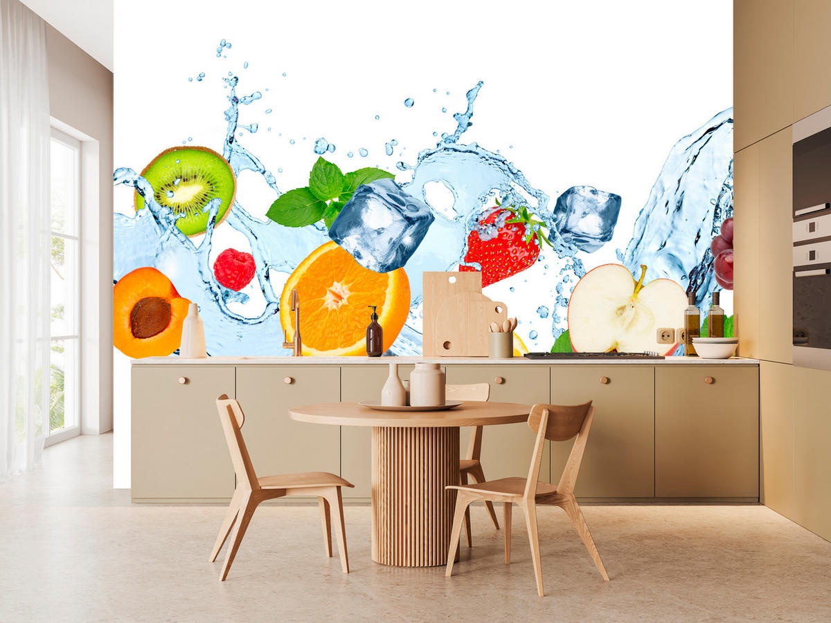 FOTOTAPETE für Küche Erfrischende Früchte Eis Wasser Orange Minze Zitrone Kiwi 400x280 - Gelb/Rot, Papier (400/280cm) - Muralo