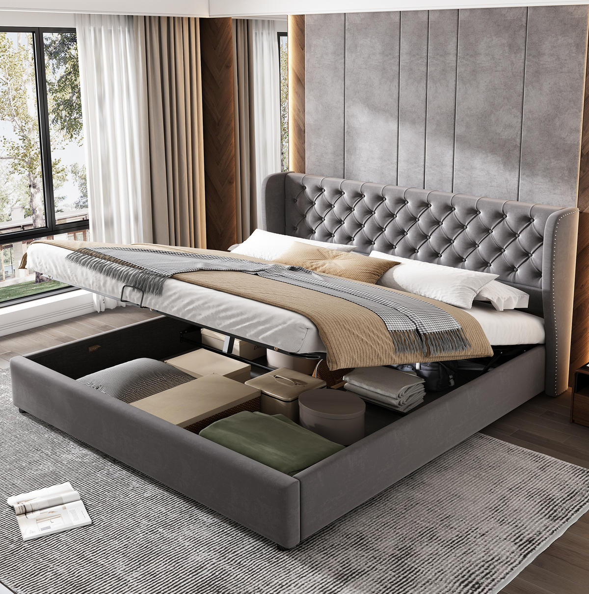 POLSTERBETT 180/200 cm aus Samt mit Stauraum, Grau, Chesterfield-Stil - Grau, Textil (180/200cm) - Flora Grace