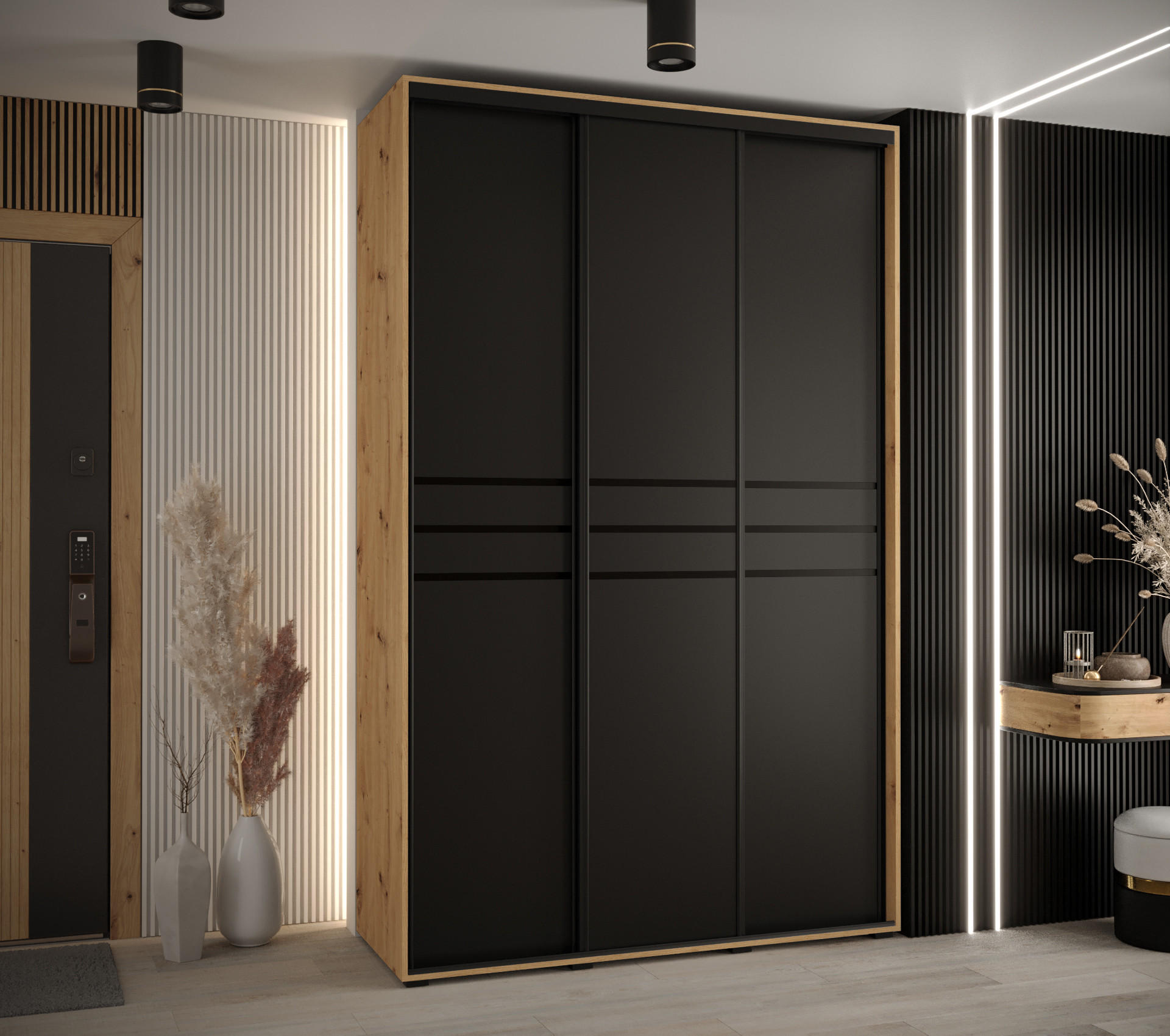 SCHWEBETÜRENSCHRANK 235,2/160/45 3-türig - Schwarz/Eiche Artisan, Holz/Metall (160/235/45cm) - Abiks Möbel