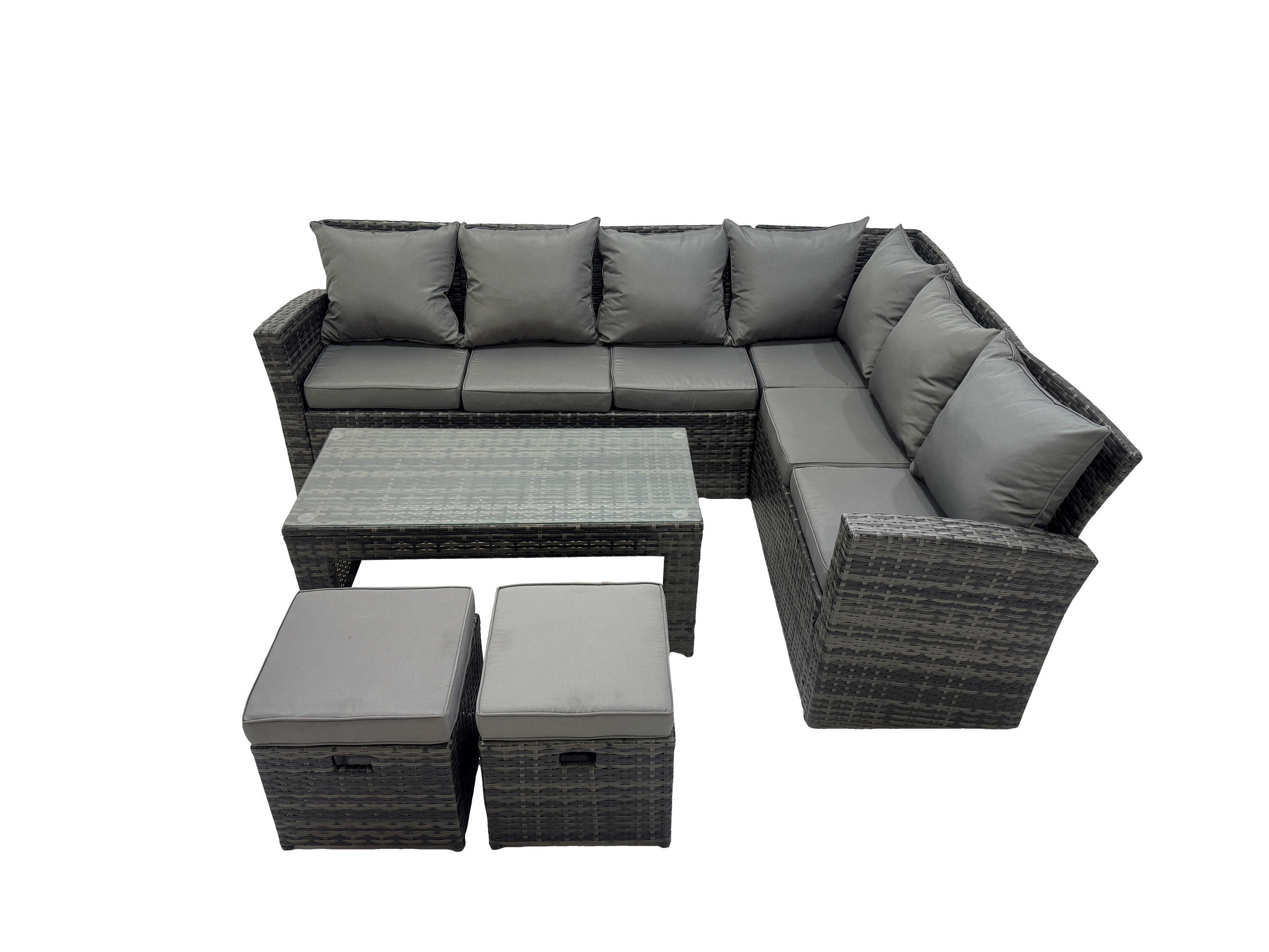 GARTENSOFA SET Hohe Rückenlehne Polyrattan Dunkelgrauer Mix 8-Sitzer - Dunkelgrau/Grau, Glas/Kunststoff - Fimous