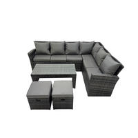 GARTENSOFA SET Hohe Rückenlehne Polyrattan Dunkelgrauer Mix 8-Sitzer - Dunkelgrau/Grau, Glas/Kunststoff - Fimous