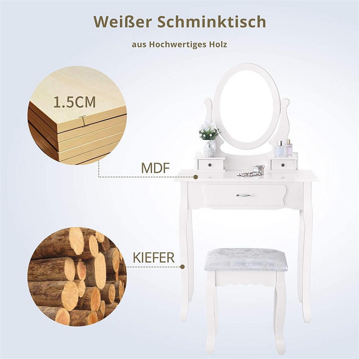 SCHMINKTISCH mit 360° drehbarem ovalem Spiegel - Frisiertisch mit 3 Schubladen und gepolstertem Hocker - Weiß - Weiß, Holzwerkstoff (40/136/75cm) - DELFA