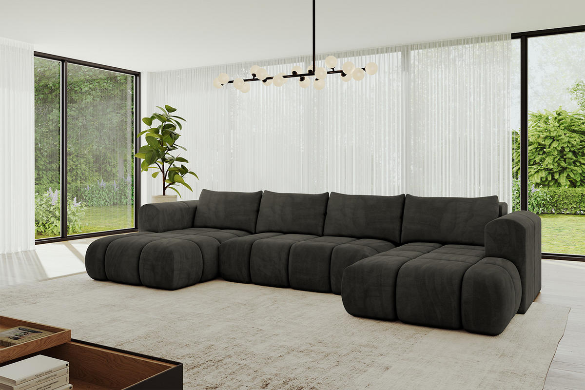 WOHNLANDSCHAFT Ottomane Links CLOUD-U 414x180x40 Schwarz Velours - Schwarz, Holzwerkstoff/Kunststoff (414/90/180cm) - ALTDECOR