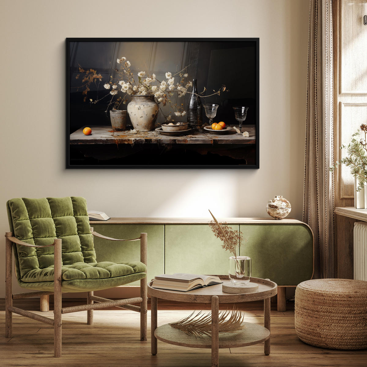 POSTER MIT RAHMEN Stilleben - Blumen - Blumenstrauß - Vase - Wein 120x80 cm - Schwarz, Papier (120/80cm) - MuchoWow