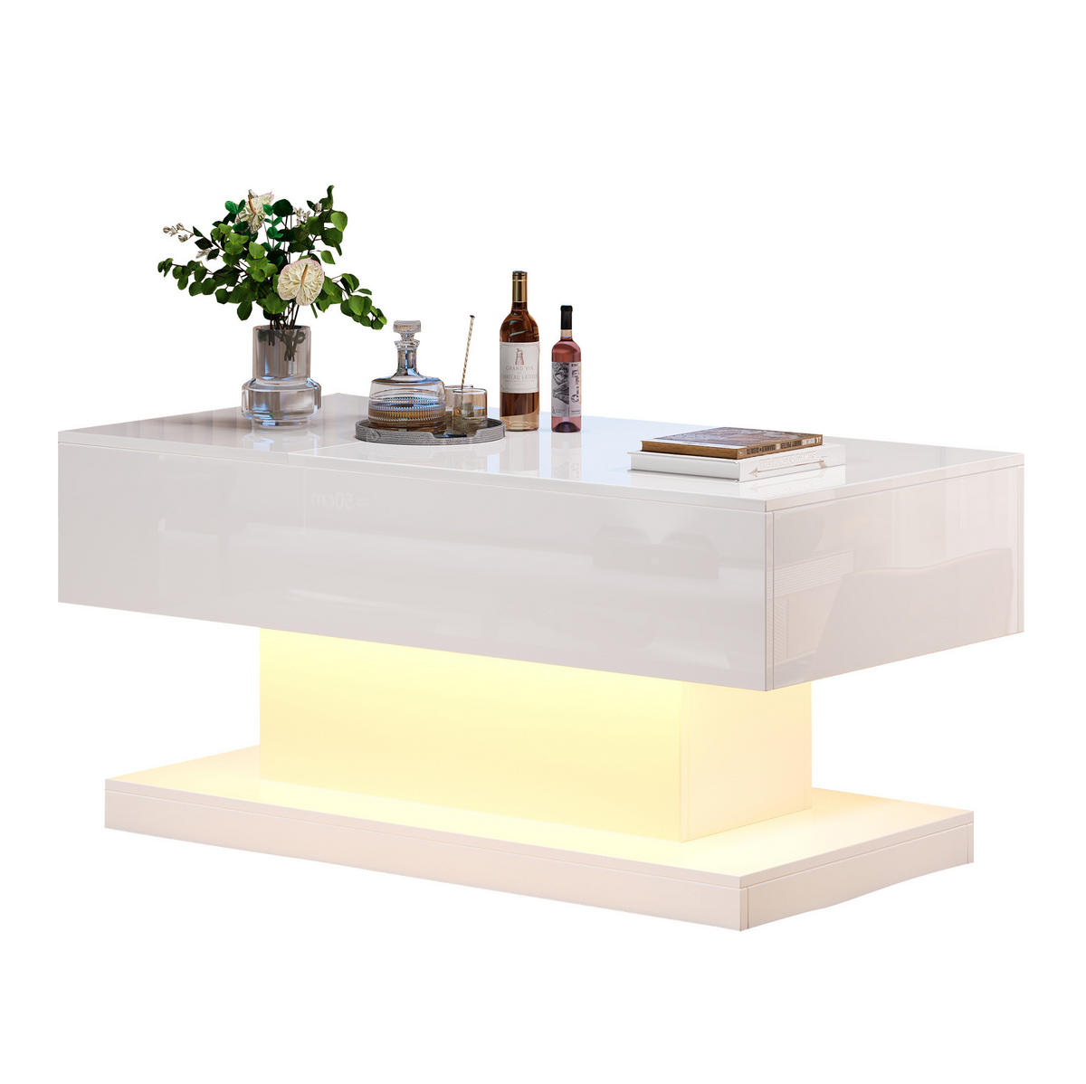 KONFERENČNÍ stolek 100/50/45 cm bílý z dřevotřísky s hydraulickým zdvihem posuvnou deskou a LED - bílá, kompozitní dřevo (100/50/45cm) - OKWISH