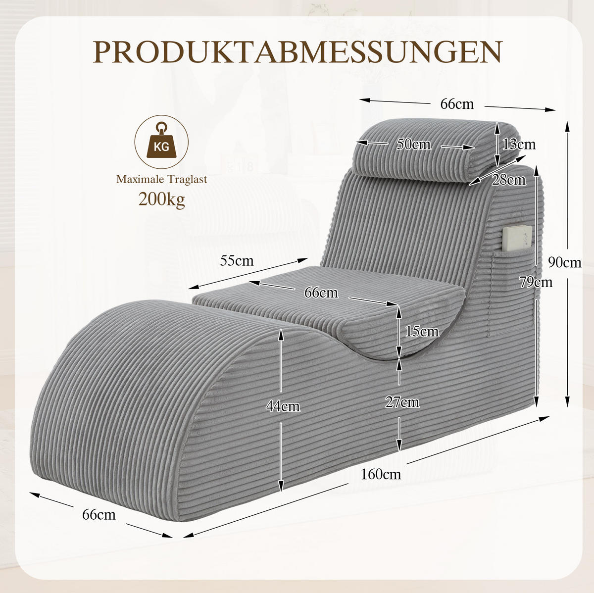 SESSEL ergonomisch 160 x 66 x 90 cm Corduroy Light Gray - Hellgrau, Kunststoff (66/90/160cm) - Beauniv