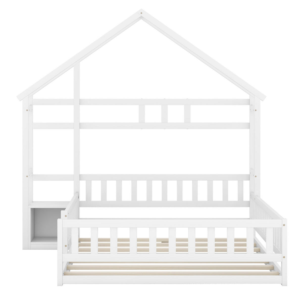 KINDERHAUSBETT 140/200 cm Weiß aus Kiefernholz mit Nachttisch und Geländer - Weiß, Holz (140/200cm) - OKMYHOME
