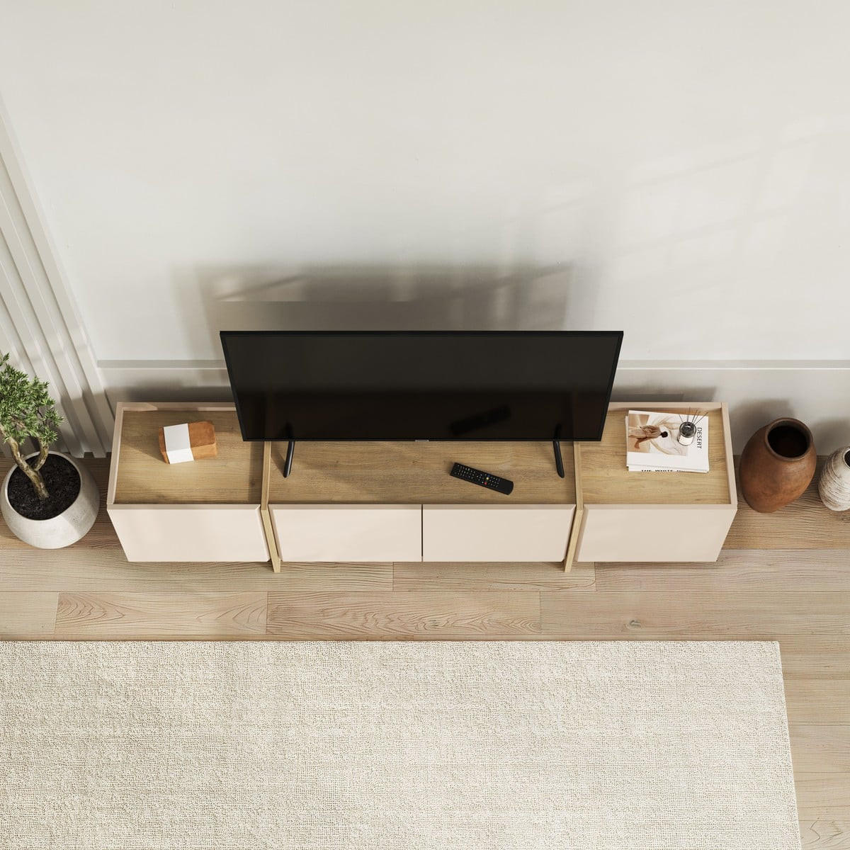 TV-MÖBEL mit 4 Türen in Kaschmir- und Eiche-dekor 180/35/46 cm - Beige, Holzwerkstoff (35/46/34cm) - Calicosy