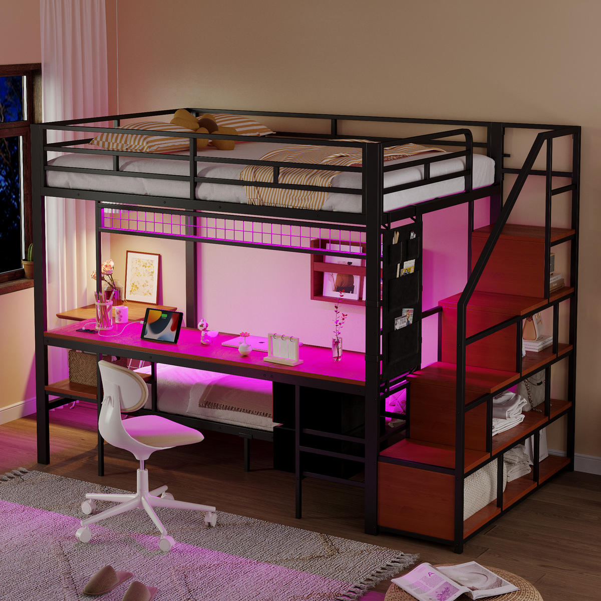 HOCHBETT 140/200 cm schwarz aus Metall und Holz mit Schreibtisch LED und Steckdosen - Schwarz, Metall (140/200cm) - OKWISH