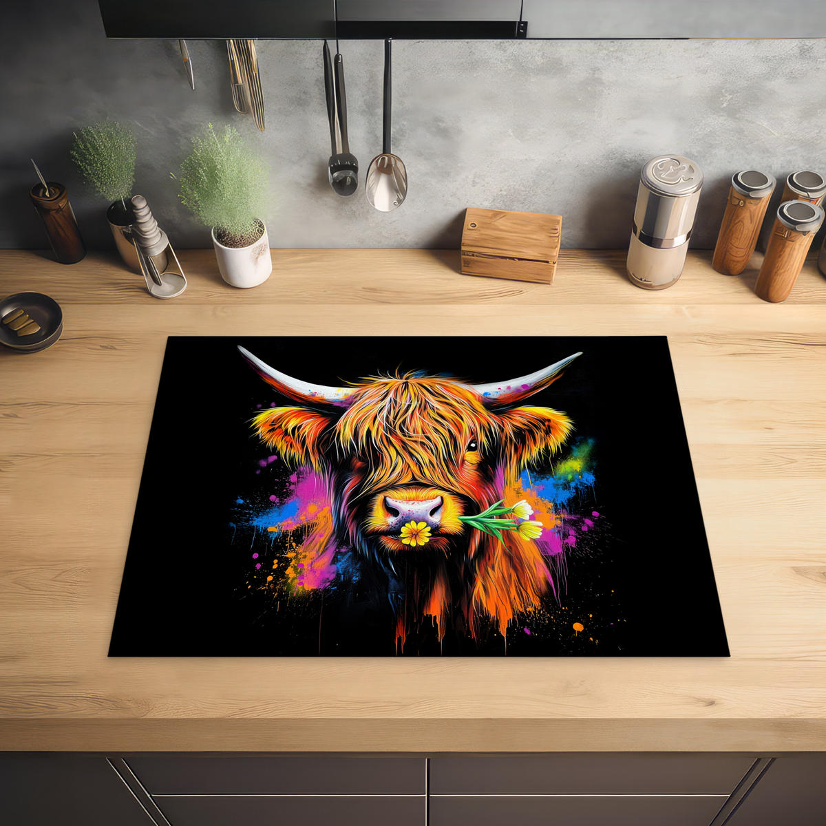 HERDABDECKPLATTE Schottischer Highlander - Graffiti - Bunt - Blume - Tiere Herdabdeckung Induktionsfeld 70x52 cm - Multicolor, Kunststoff (70/52/0.2cm) - MuchoWow