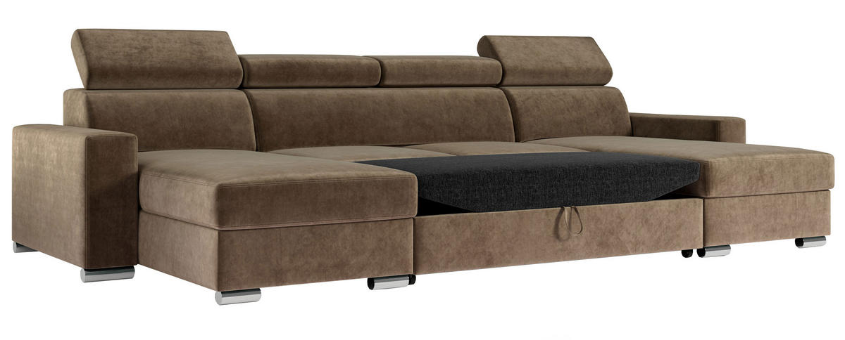 WOHNLANDSCHAFT FOX U Braun - Velvet - Silberfarben/Braun, Kunststoff/Textil (306/98/168cm) - MKS