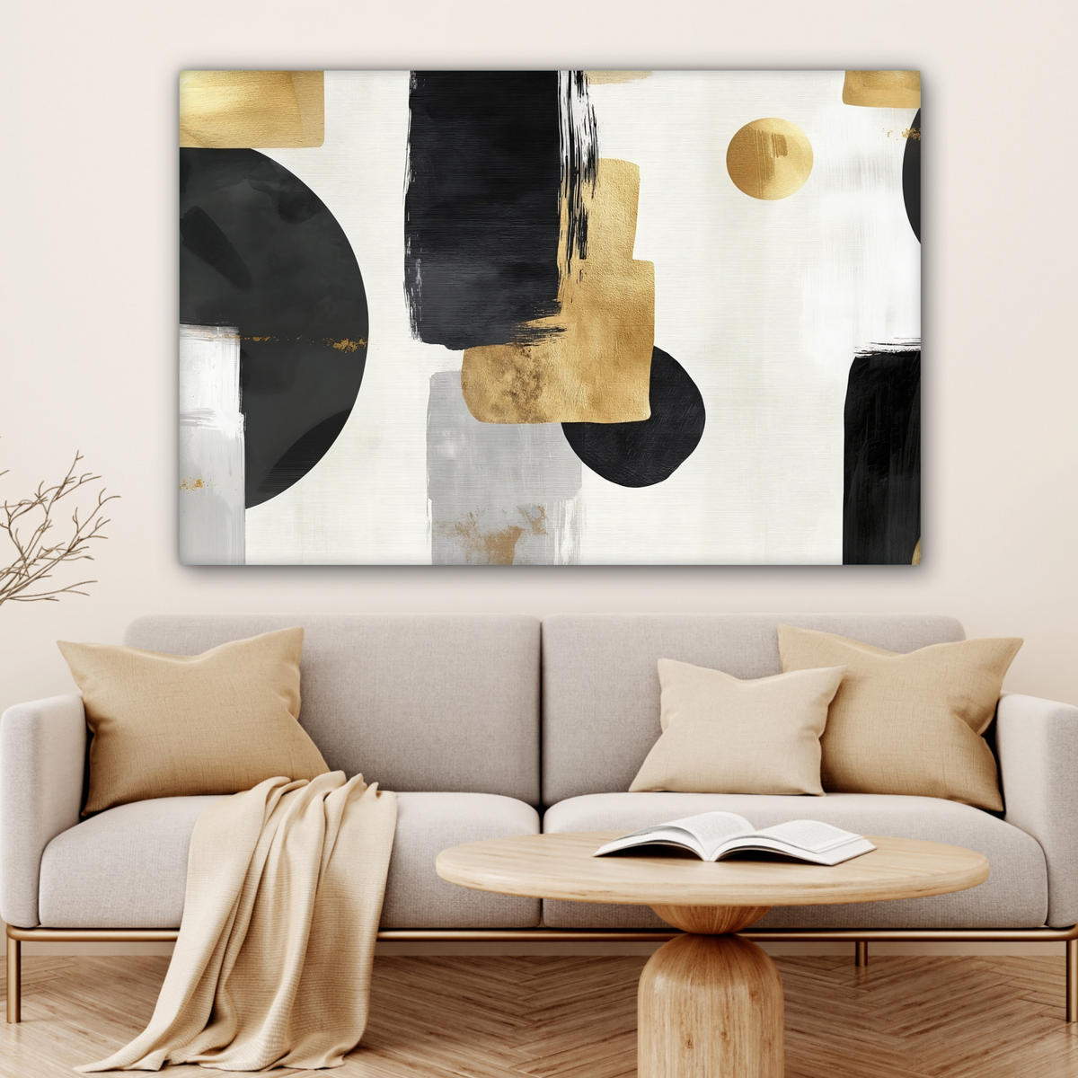 LEINWANDBILD Gold - Rechtecke - Kreise - Abstrakt Groß 140x90 cm - Weiß, Textil (140/90cm) - MuchoWow