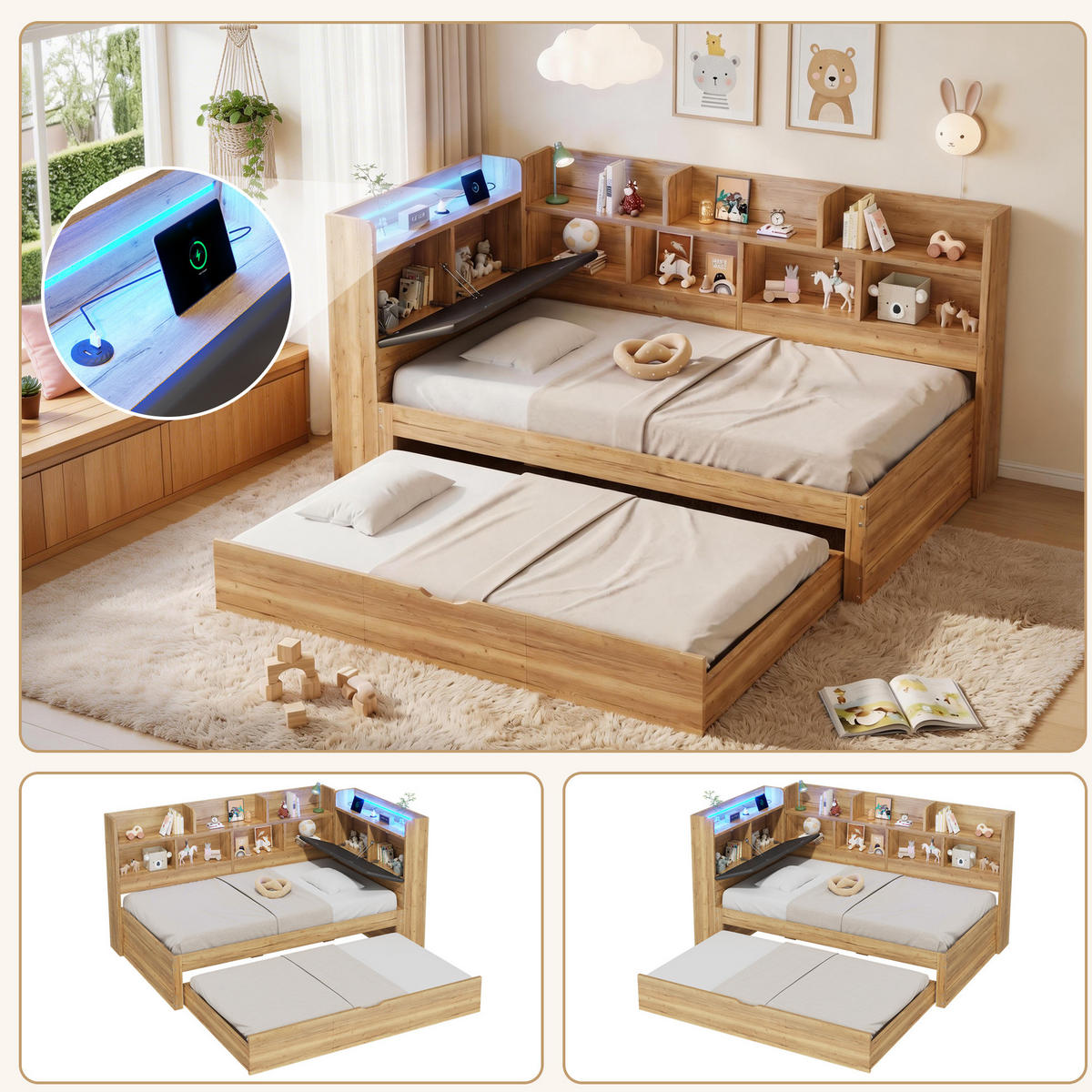 KINDERBETT 90/200/190 cm in Natur aus MDF mit Ausziehbett, LED und Stauraum - Naturfarben, Holzwerkstoff (90/200cm) - OKMYHOME