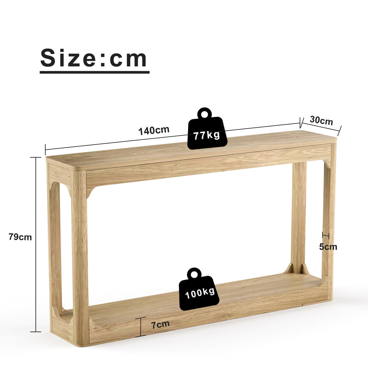 BEISTELLTISCH DE-37275 140 cm lang mit zweistöckigem Stauraum Naturholz - Naturfarben, Holzwerkstoff (140/30/79cm) - ComfortXL