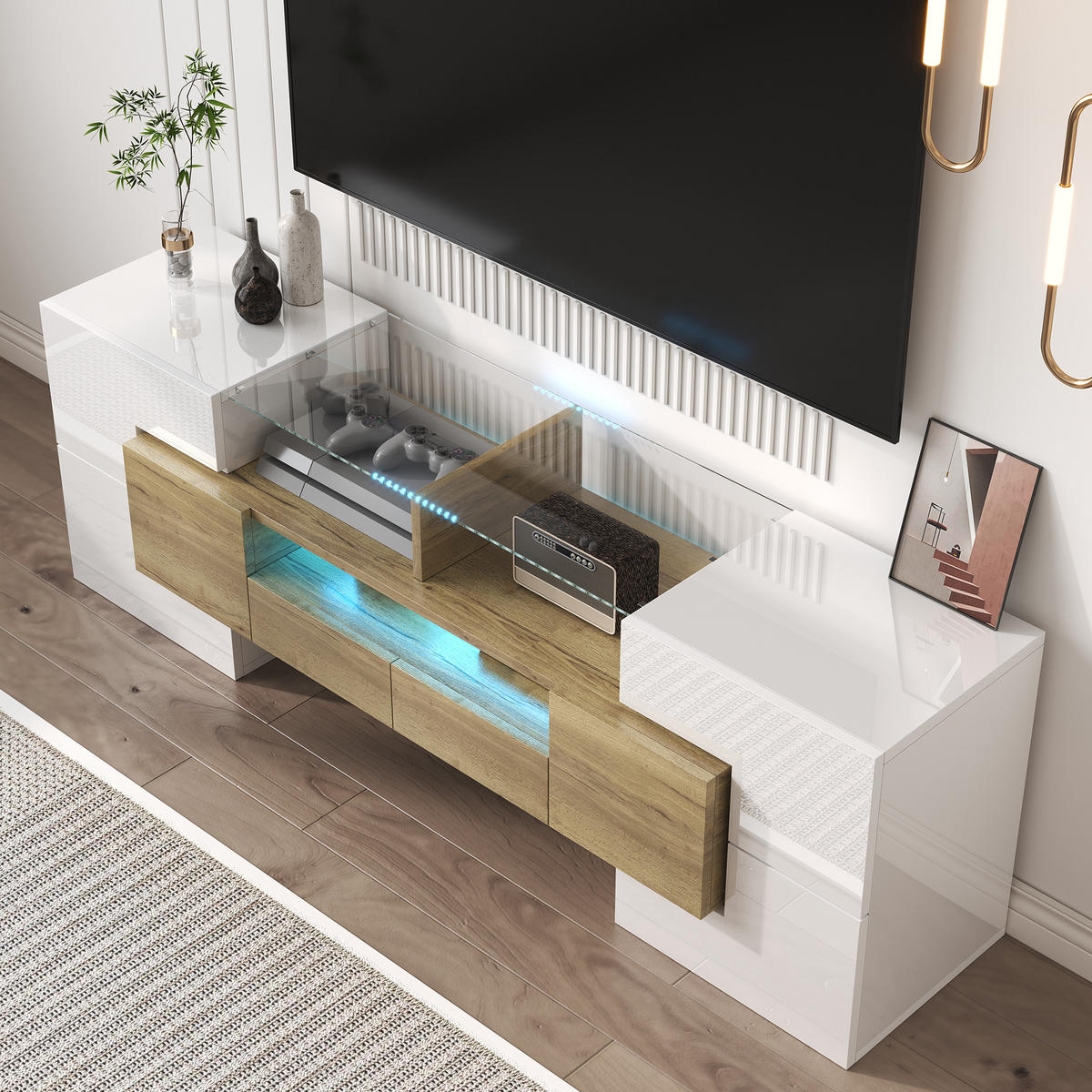 TV-SCHRANK in Hochglanz Weiß/Goldoptik mit LED und Schubladen 145/30/51 cm - Weiß, Holzwerkstoff (145/51/30cm) - Redom