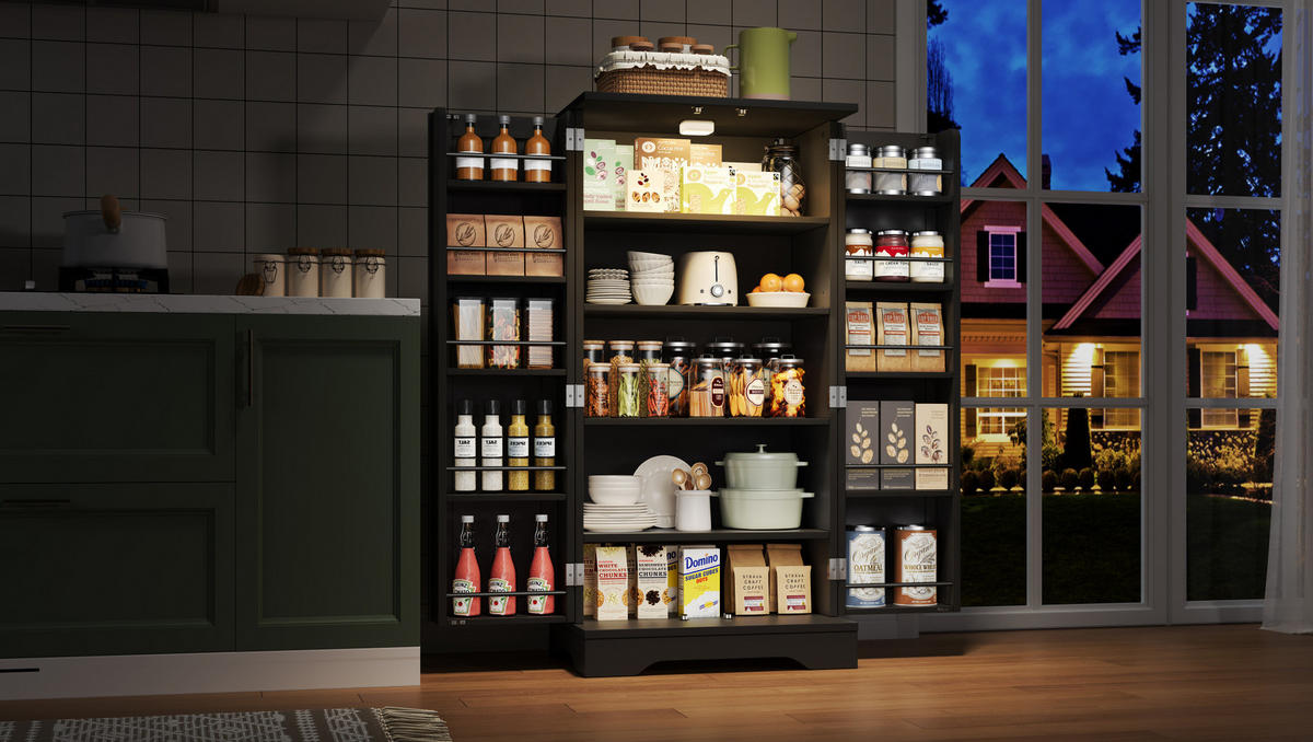 HOCHSCHRANK 2-türig aus MDF mit LED-Sensorlicht, moderner Stauraum für Küche und Wohnraum, 120/60/40 cm, Schwarz - Schwarz, Holzwerkstoff (60/120/40cm) - Redom