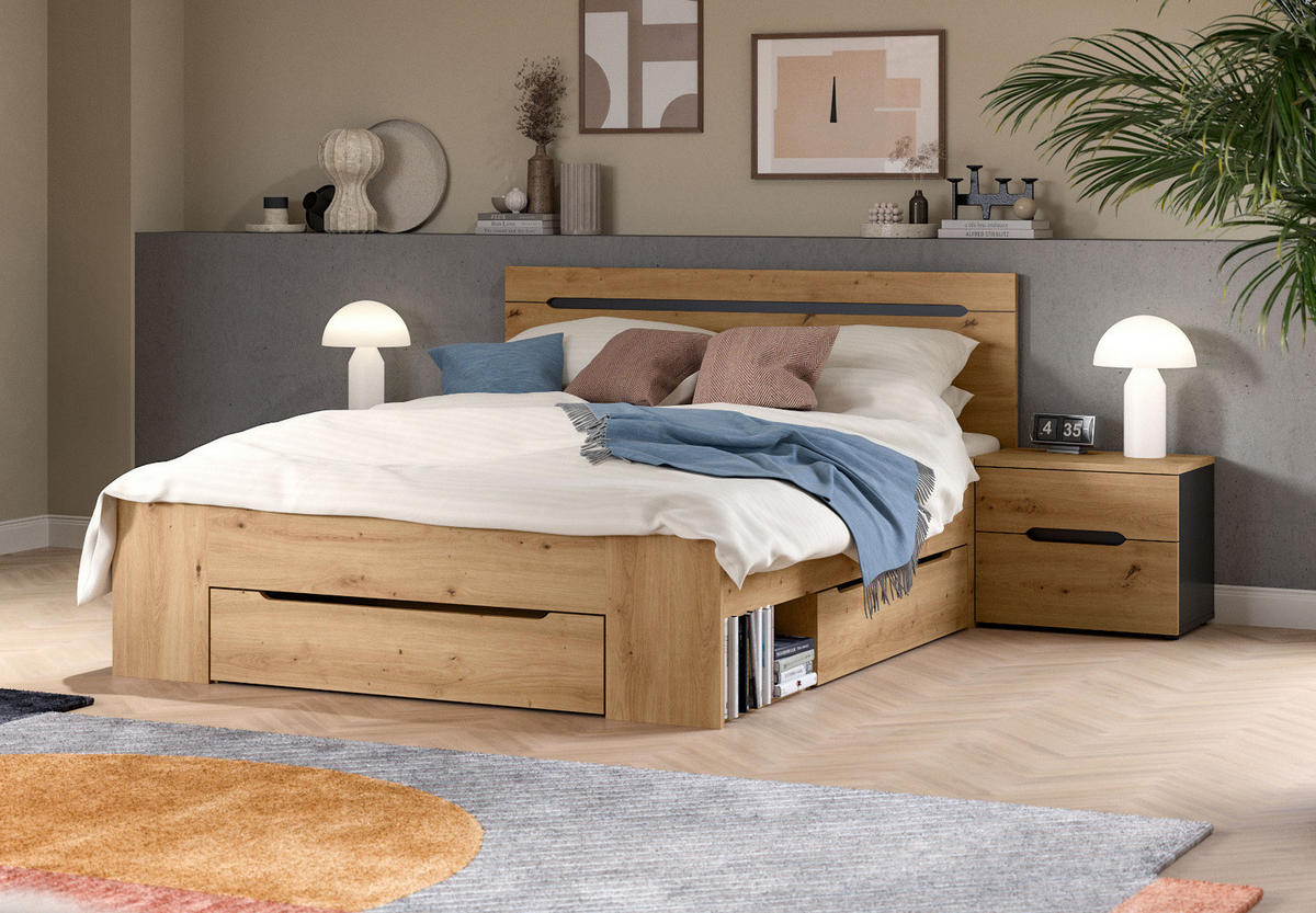 SCHLAFZIMMER Set 3-teilig Eiche Artisan, grau, Kombination mit Bett 140 x 200 cm und 2x Nachttisch - Eiche Artisan/Grau, Holzwerkstoff/Metall - Inn.Furn