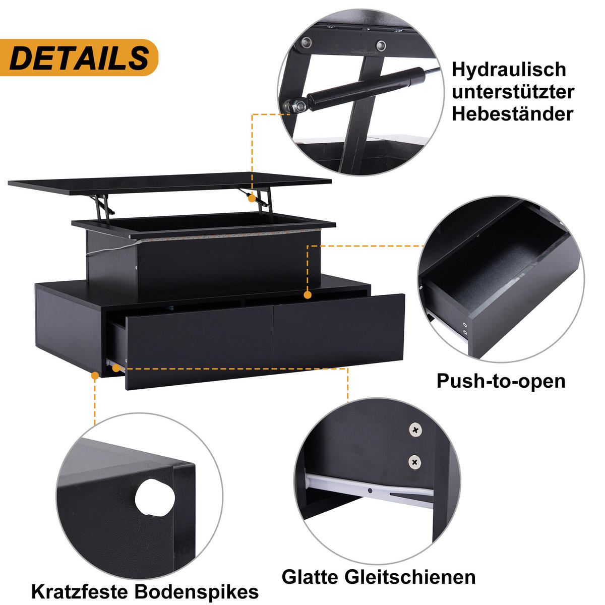 COUCHTISCH 90/55/41 cm schwarz mit LED-Beleuchtung und 4 Schubladen - Schwarz, Holzwerkstoff (90/55/41cm) - OKWISH
