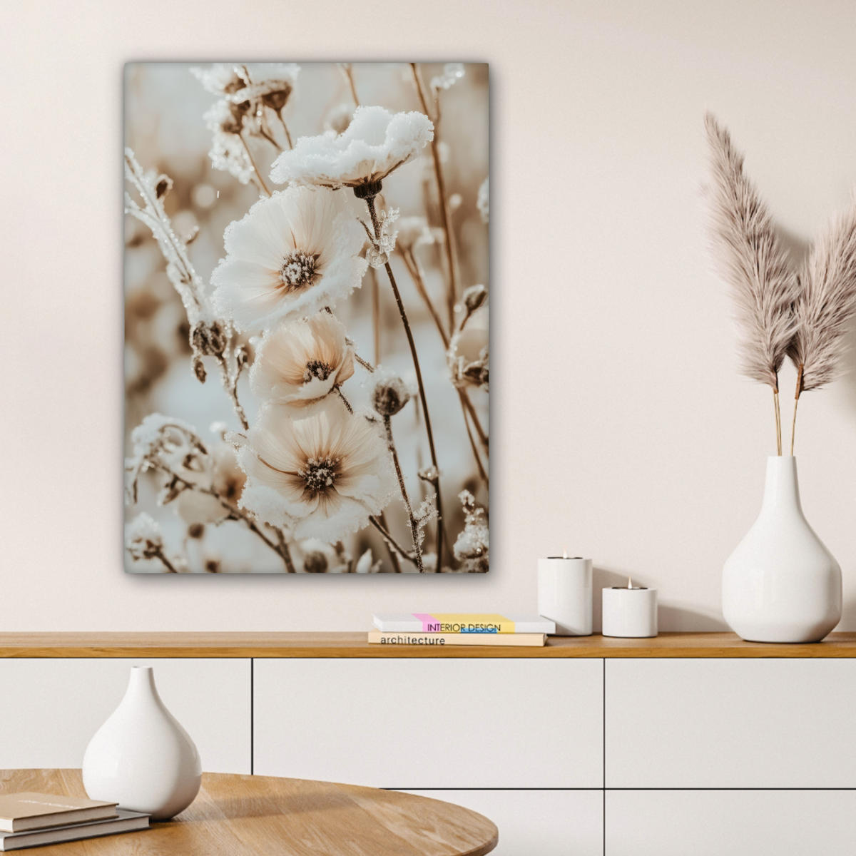 LEINWANDBILD Blumen - Winter - Weiß - Schnee - Beige 60x80 cm - Creme, Textil (60/80cm) - MuchoWow