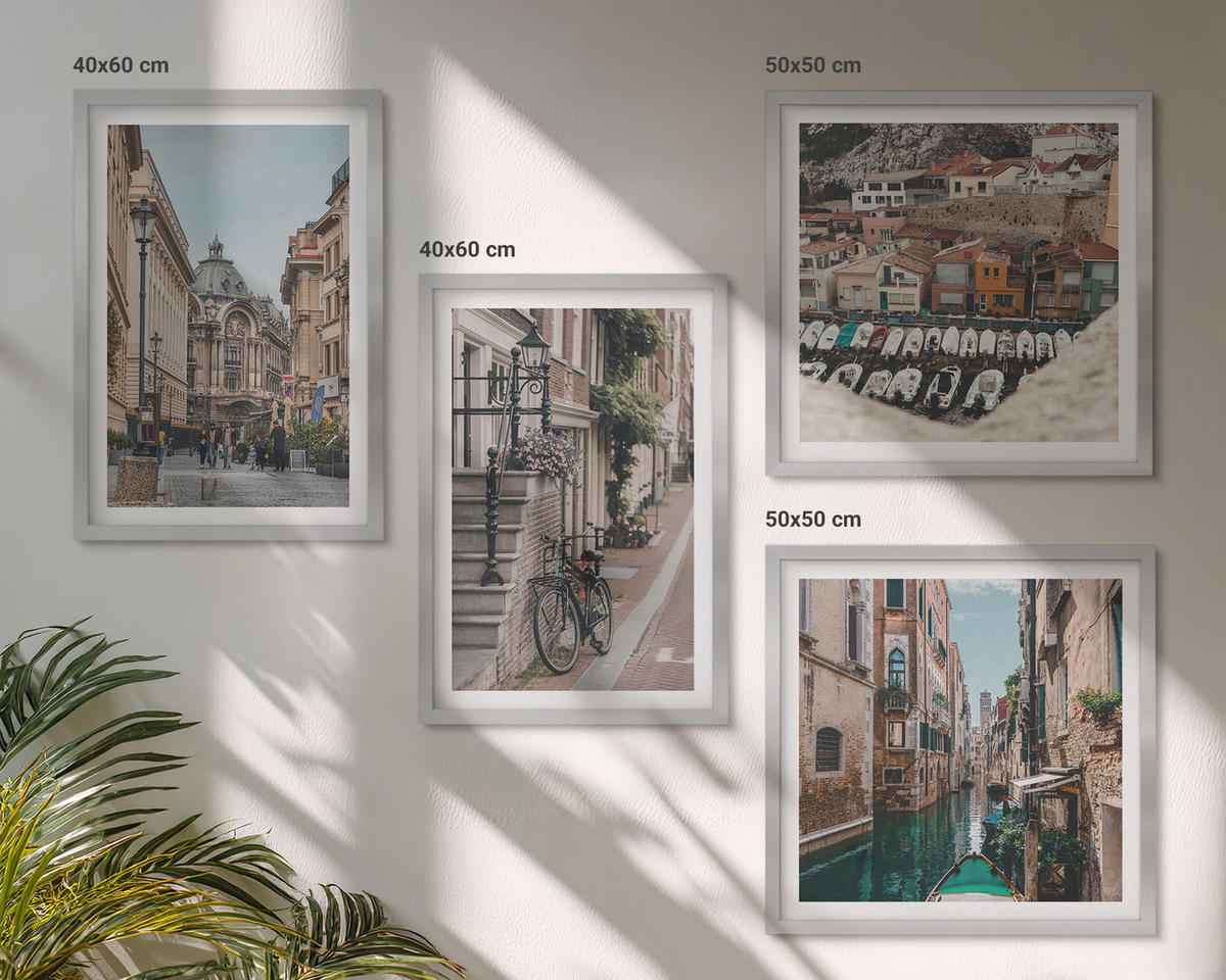 WANDBILDER 4er Set - 50x50 cm & 40x60 cm Silberner Rahmen - Die charmanten Straßen der Hafenstädte - Silberfarben, Kunststoff (50/50cm) - ArtPrintCave