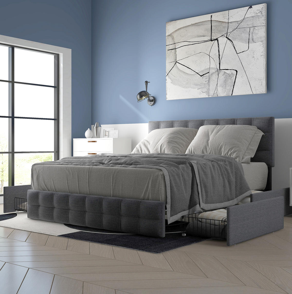POLSTERBETT aus Leinen 140x200 cm Grau mit 4 Schubladen und höhenverstellbarem Kopfteil - Grau, Textil (140/200cm) - IVMEU